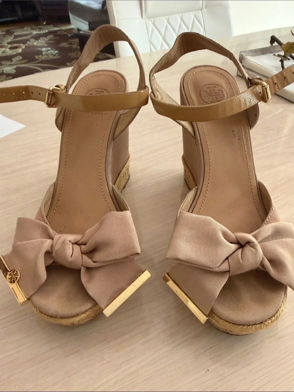 Tory Burch Neutral Bow Espadrille Slingback Wedges with Gold Trim